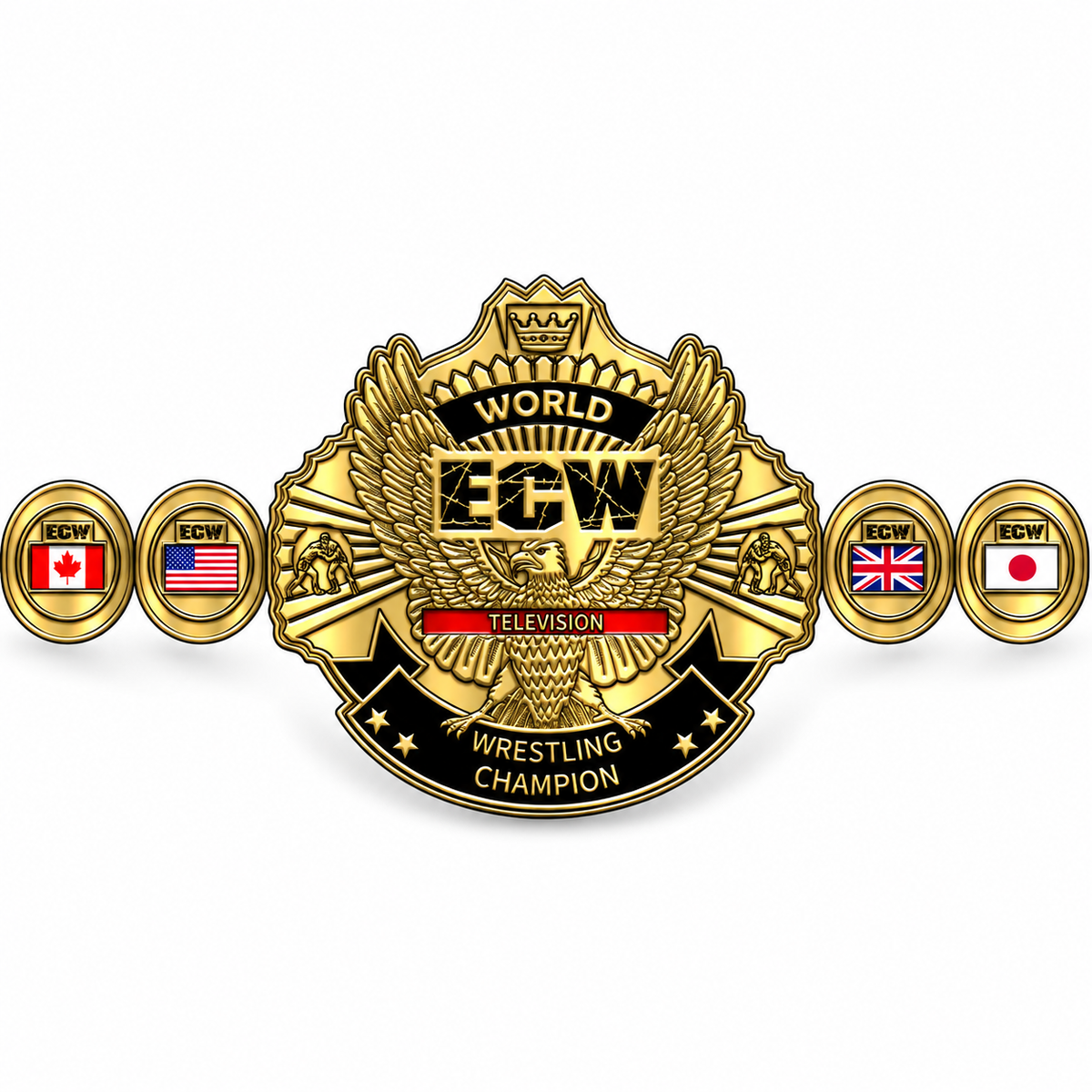 A gold and black ECW Wrestling Championship belt featuring a large central eagle emblem with 'WORLD ECW WRESTLING CHAMPION' text, flanked by five circular gold plates showing different country flags on a white background.