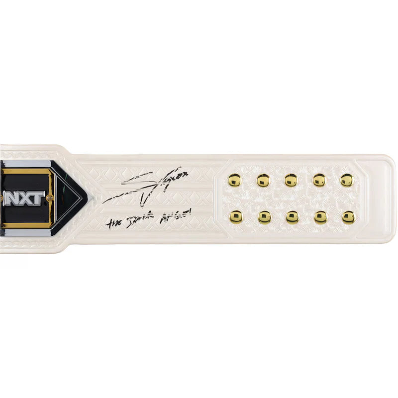 White wrestling belt with gold studs and NXT logo on a white background