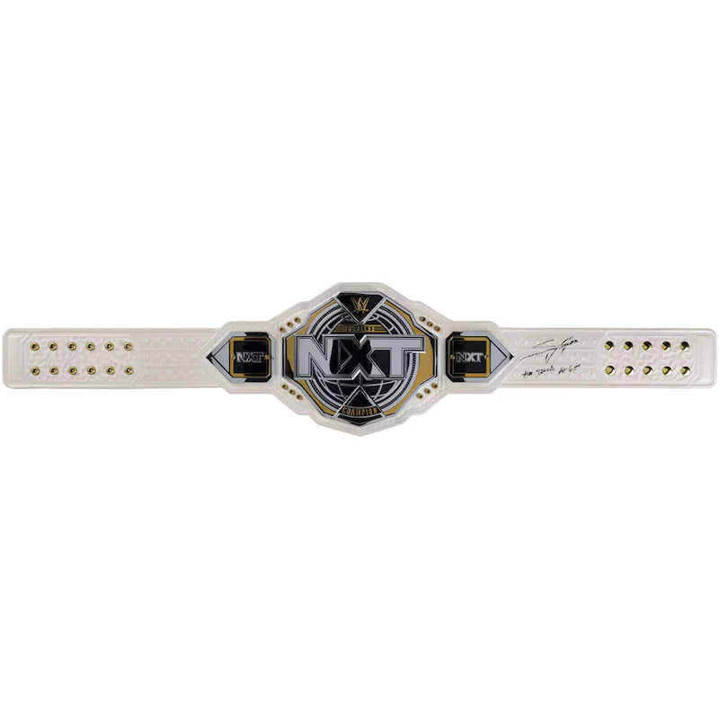 White championship belt with black and gold details on a white background