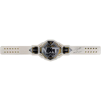 White championship belt with black and gold details on a white background