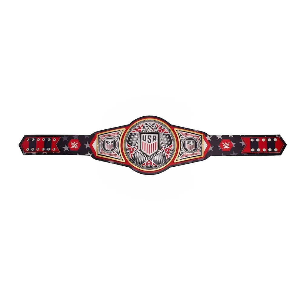 WWE USA Championship belt featuring a central silver and red shield emblem with 'USA' and 'WWE' logos, flanked by two smaller shield emblems and a black star-patterned strap with red and silver accents.