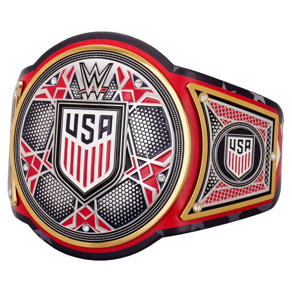 WWE USA Championship belt featuring a red, black, and gold design with a central shield emblem and WWE logo, shown on a plain white background.