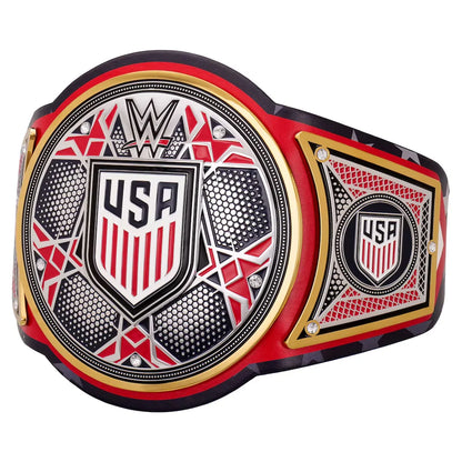 WWE USA Championship belt featuring a red, black, and gold design with a central shield emblem and WWE logo, shown on a plain white background.