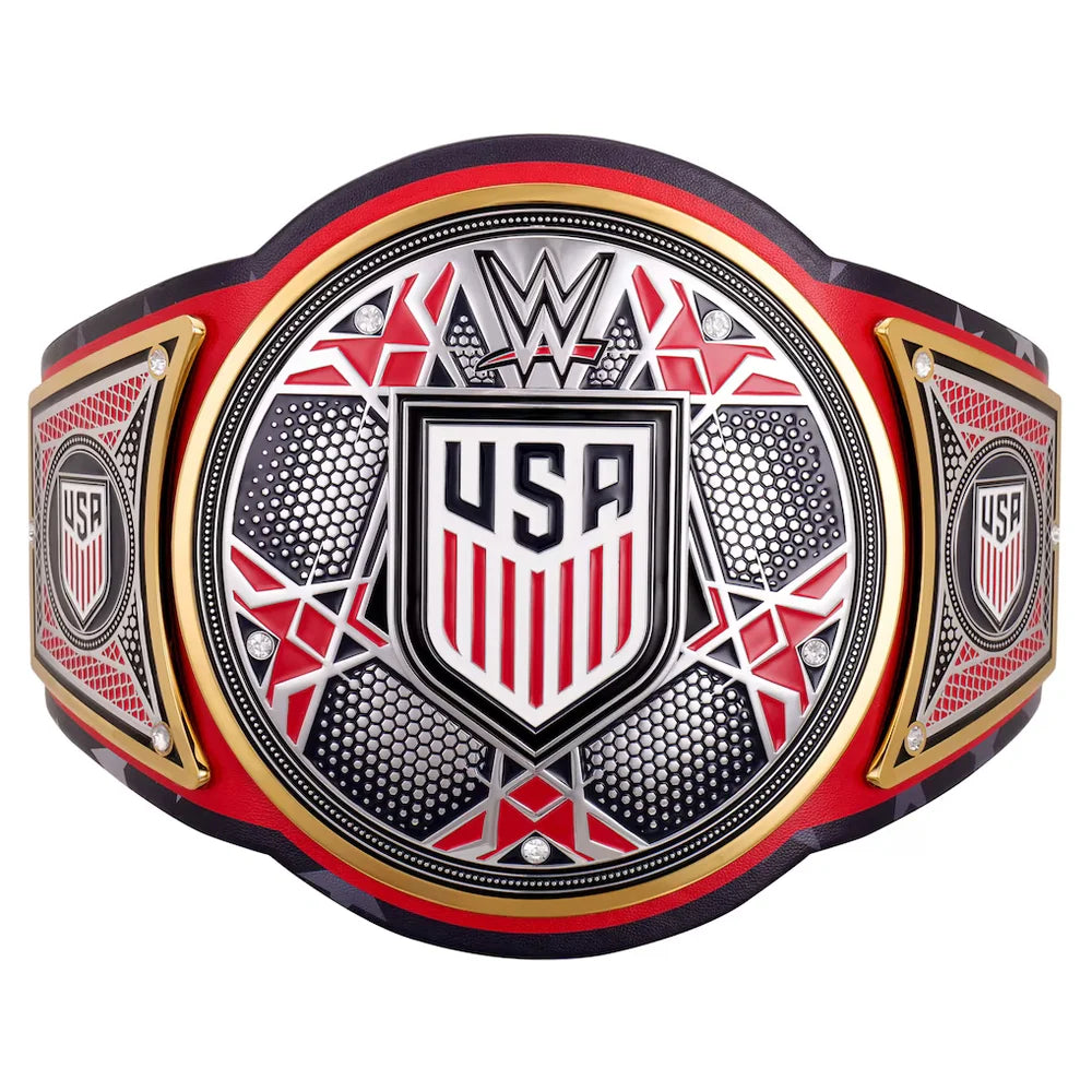WWE USA World Heavyweight Championship belt featuring a large central plate with a shield design, flanked by two side plates, on a plain white background.