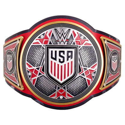 WWE USA World Heavyweight Championship belt featuring a large central plate with a shield design, flanked by two side plates, on a plain white background.