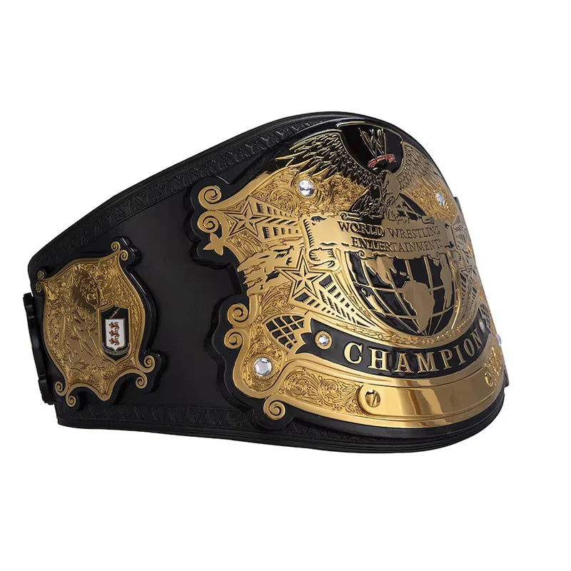 Black and gold championship belt with detailed design on a white background