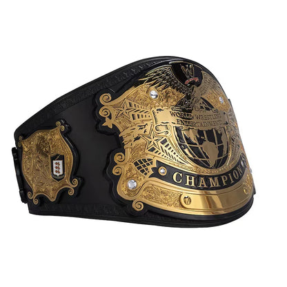 Black and gold championship belt with detailed design on a white background