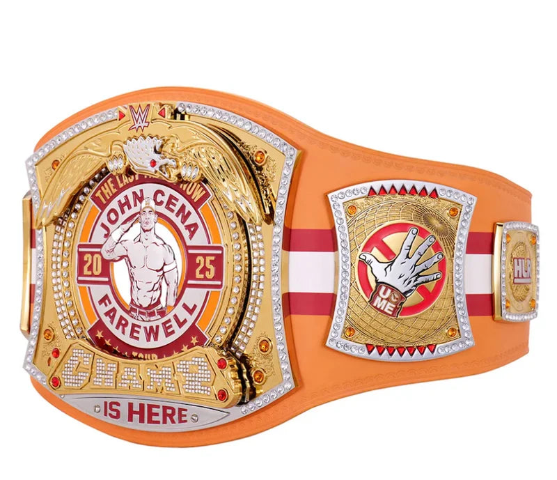 WWE World Heavy Champions championship belt with a large central plate featuring a white and black WWE logo, flanked by two gold-toned side plates with WWE emblems, on a black strap, shown against a plain white background.