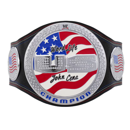 WWE championship belt with American flag design and 'Word Life' and 'John Cena' text.