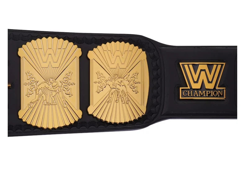 WWE championship belt with gold and black design on a white background