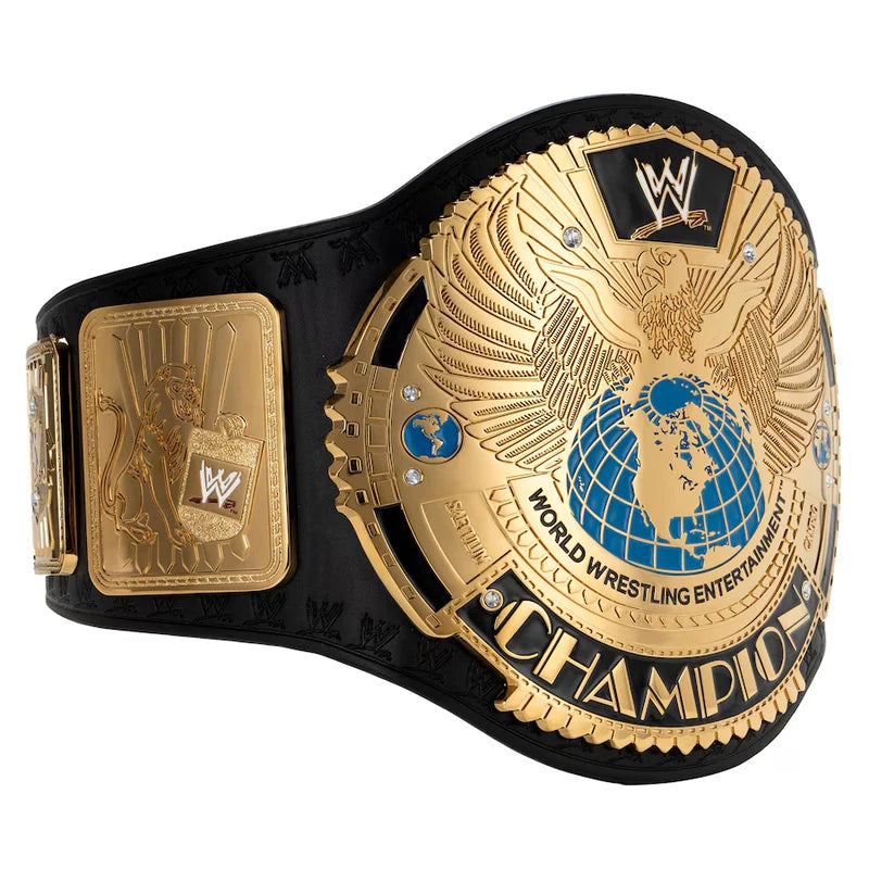 WWE championship belt with gold and black design on a white background M