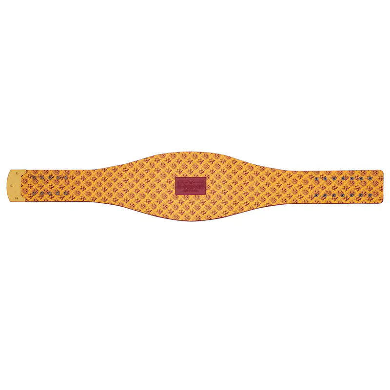 Yellow belt with a red square patch on a white background