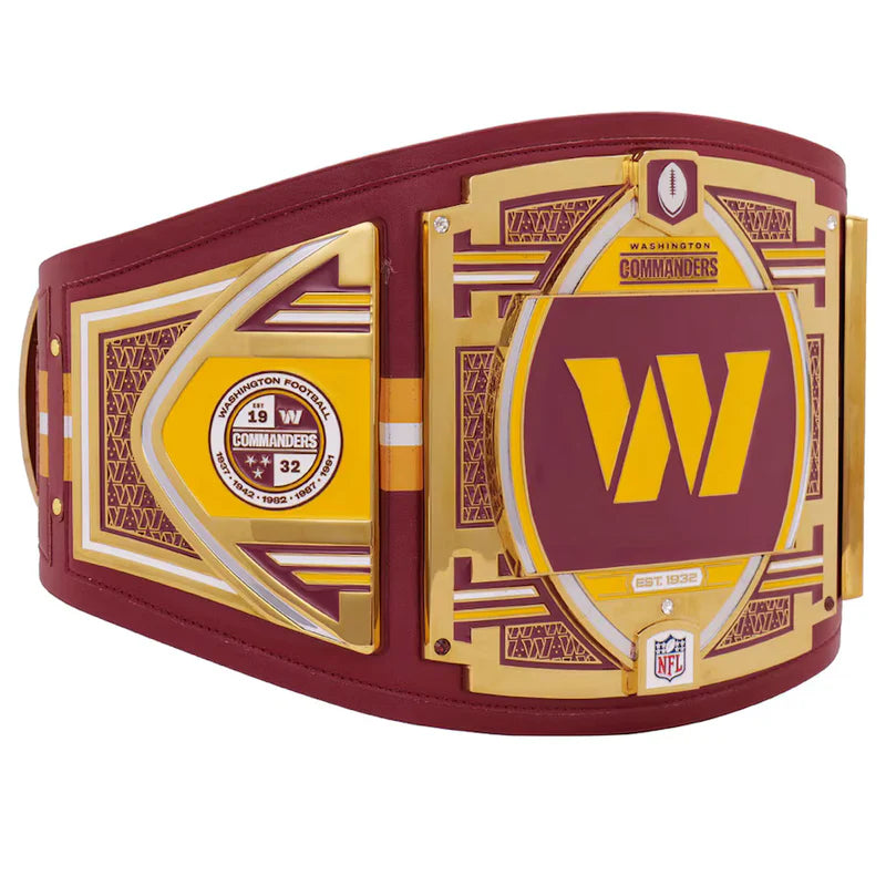 Maroon and gold championship belt with 'Washington Commanders' logo on a white background