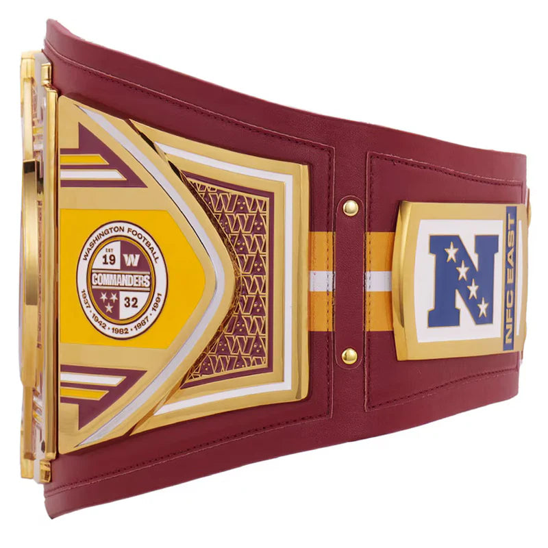 Maroon and gold championship belt with logo and text on a white background