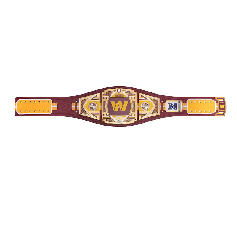 Wrestling championship belt with gold and red design on a white background