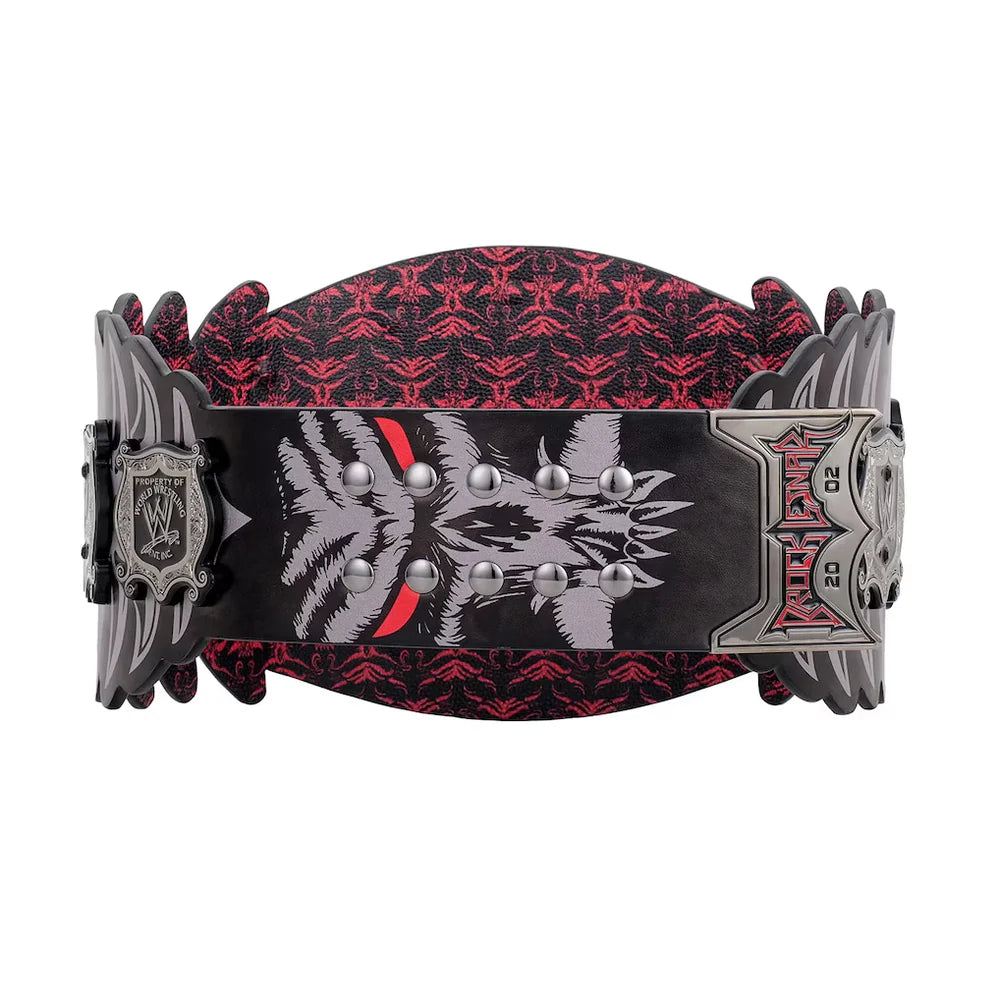 Wide belt with red and black pattern and silver accents on a white background