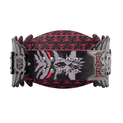 Wide belt with red and black pattern and silver accents on a white background