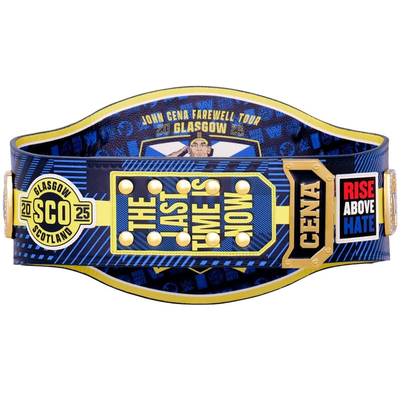 A blue and gold John Cena farewell tour Glasgow championship belt with 'The Last Time's Now' plaque, '2025 SCOTLAND' patch, and 'CENA' and 'Rise Above H2H' details, shown on a white background.