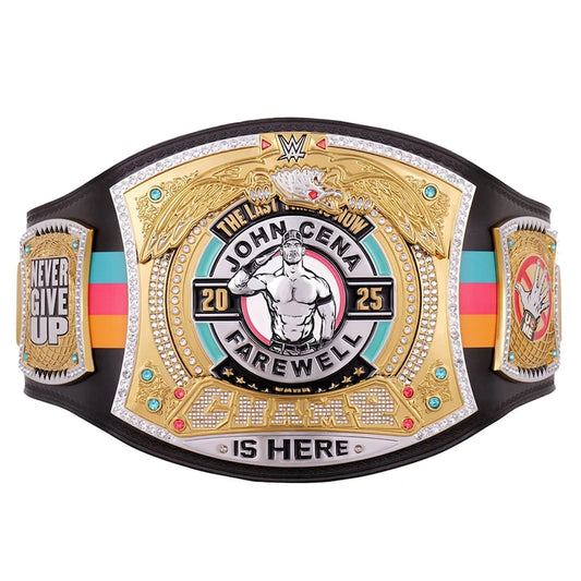 Wrestling championship belt with 'John Cena Farewell' text on a white background