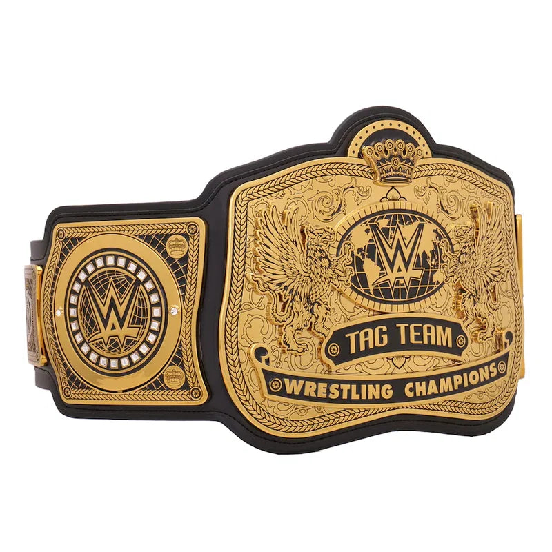 Gold and black wrestling championship belt with detailed design on a white background