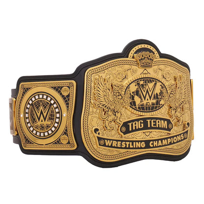 Gold and black wrestling championship belt with detailed design on a white background