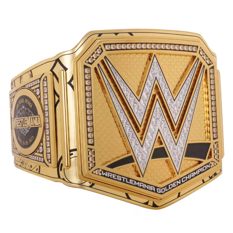 Gold WWE championship belt with 'W' logo on a white background