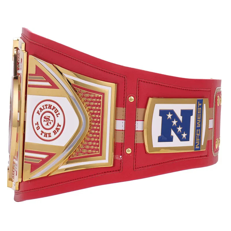Red championship belt with gold and white accents on a white background