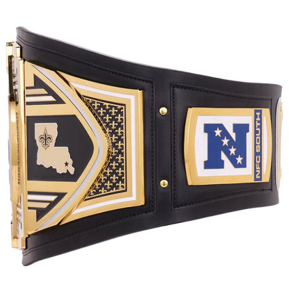 Black championship belt with gold and blue accents on a white background