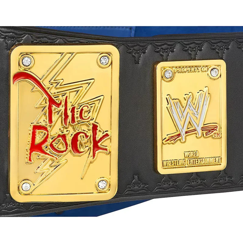 Wrestling championship belt with 'The Rock' and WWE logos on gold plates.