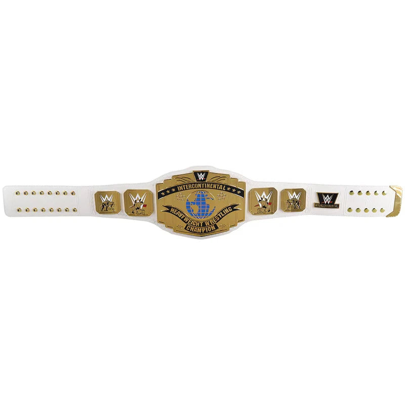 A WWE Championship All Stars 2024 replica belt featuring a white strap with gold studs and a large central gold plate with black and blue details, flanked by smaller gold plates with WWE logos.