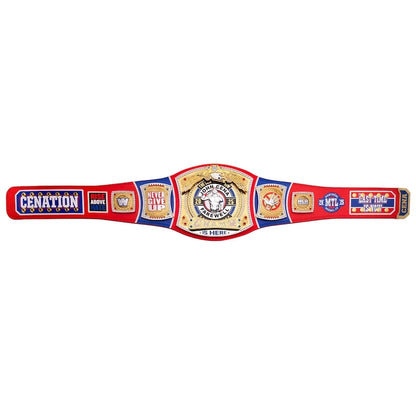 A Marvel Cinematic Universe's The Avengers: Endgame Championship belt, featuring a red and blue strap with gold-plated plates, displayed horizontally on a white background.