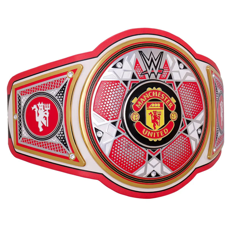 Wrestling championship belt with Manchester United logo on a white background