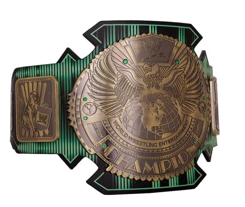WWE championship belt with green accents on a white background