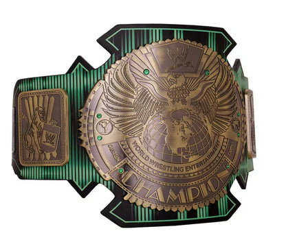 WWE championship belt with green accents on a white background