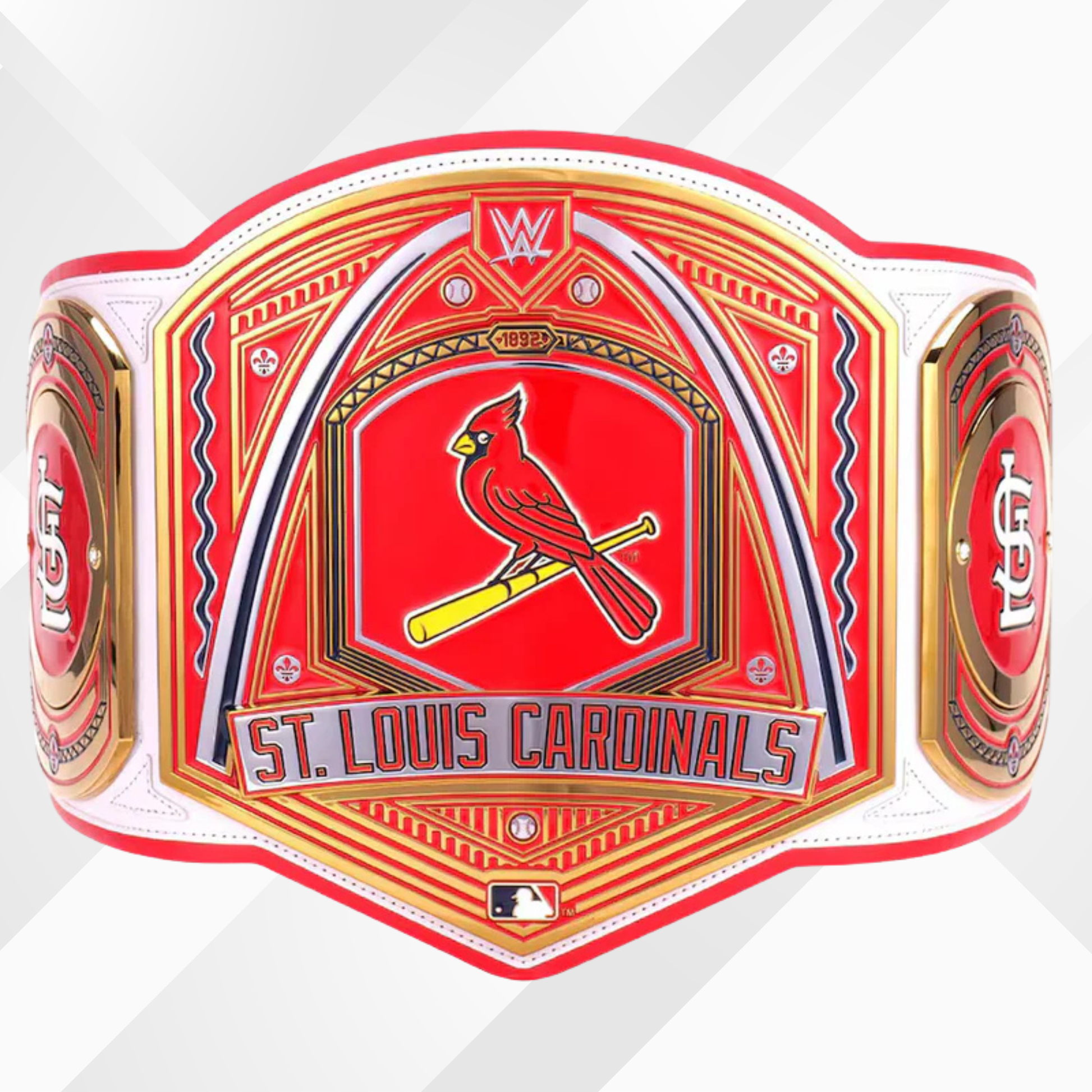 St. Louis Cardinals championship belt with red, white, and gold colors on a white background