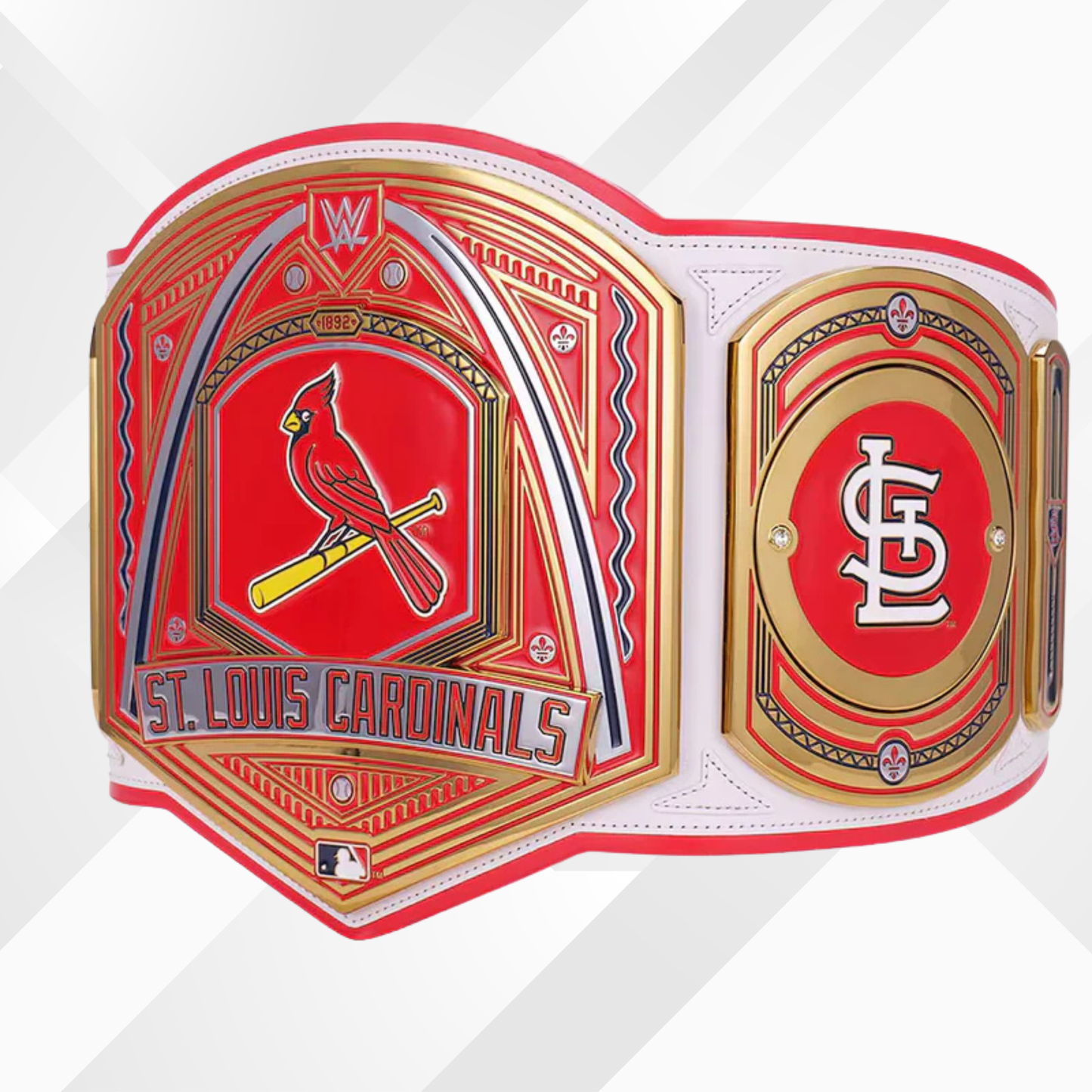 St. Louis Cardinals championship belt with red, white, and gold colors on a white background