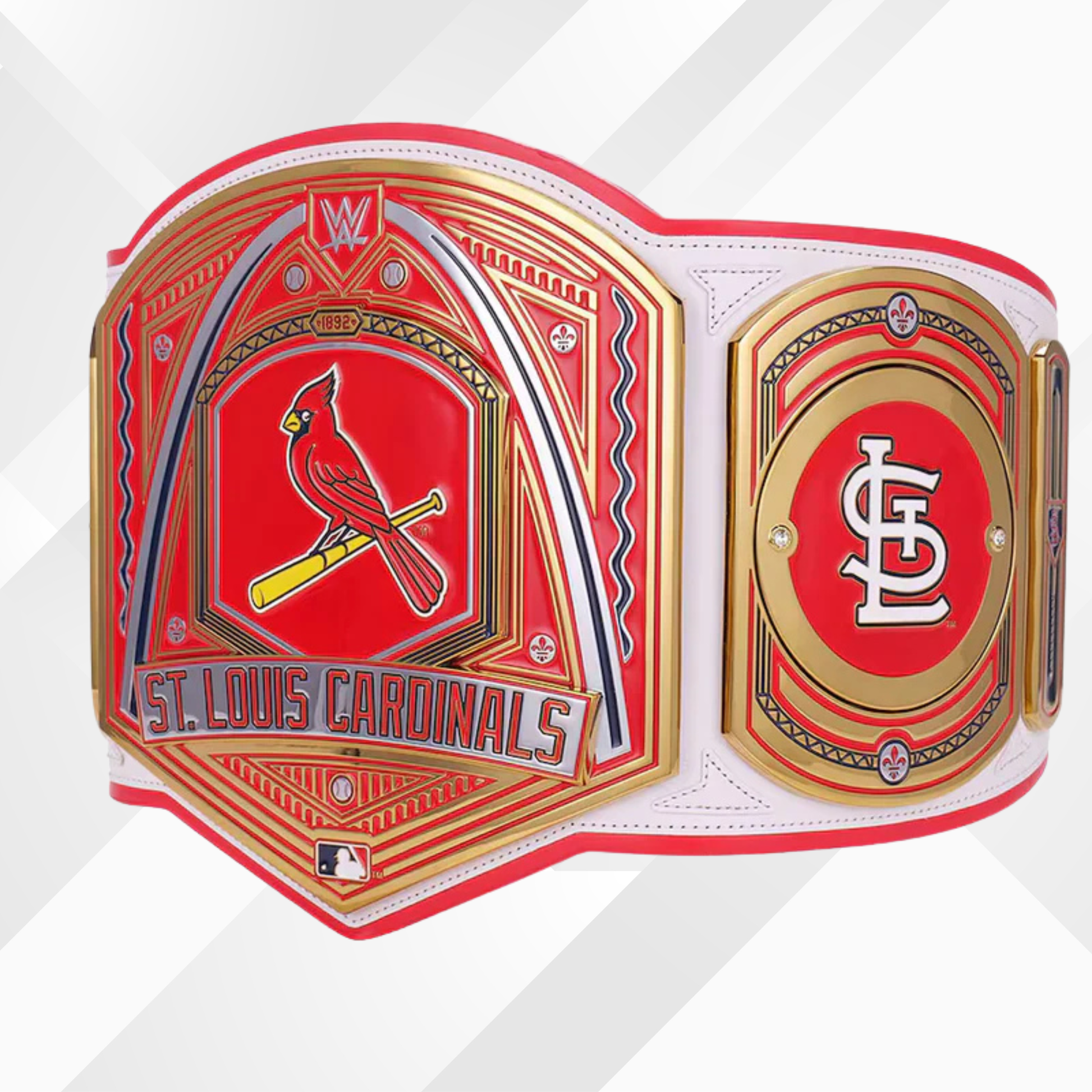 St. Louis Cardinals championship belt with red, white, and gold colors on a white background