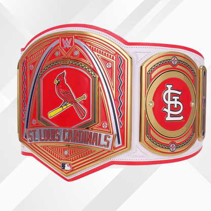 St. Louis Cardinals championship belt with red, white, and gold colors on a white background