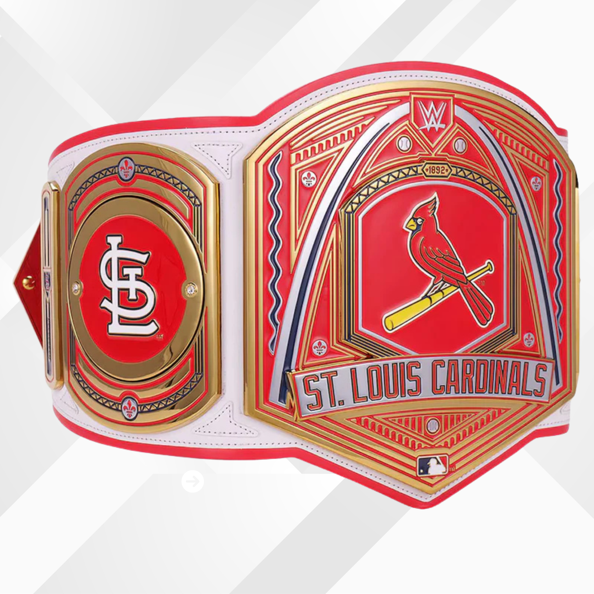 St. Louis Cardinals championship belt with red, white, and gold colors on a white background
