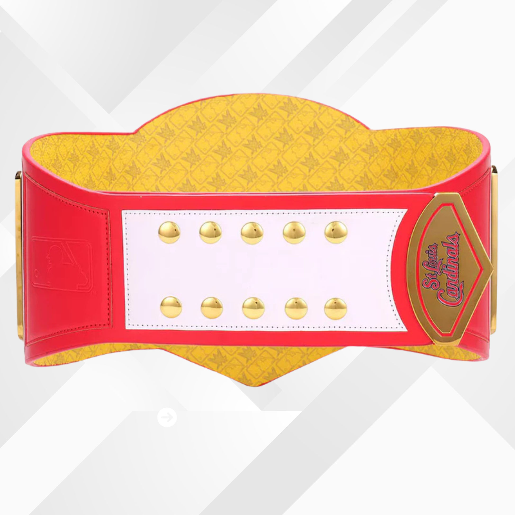 Red and yellow championship belt with gold accents on a white background