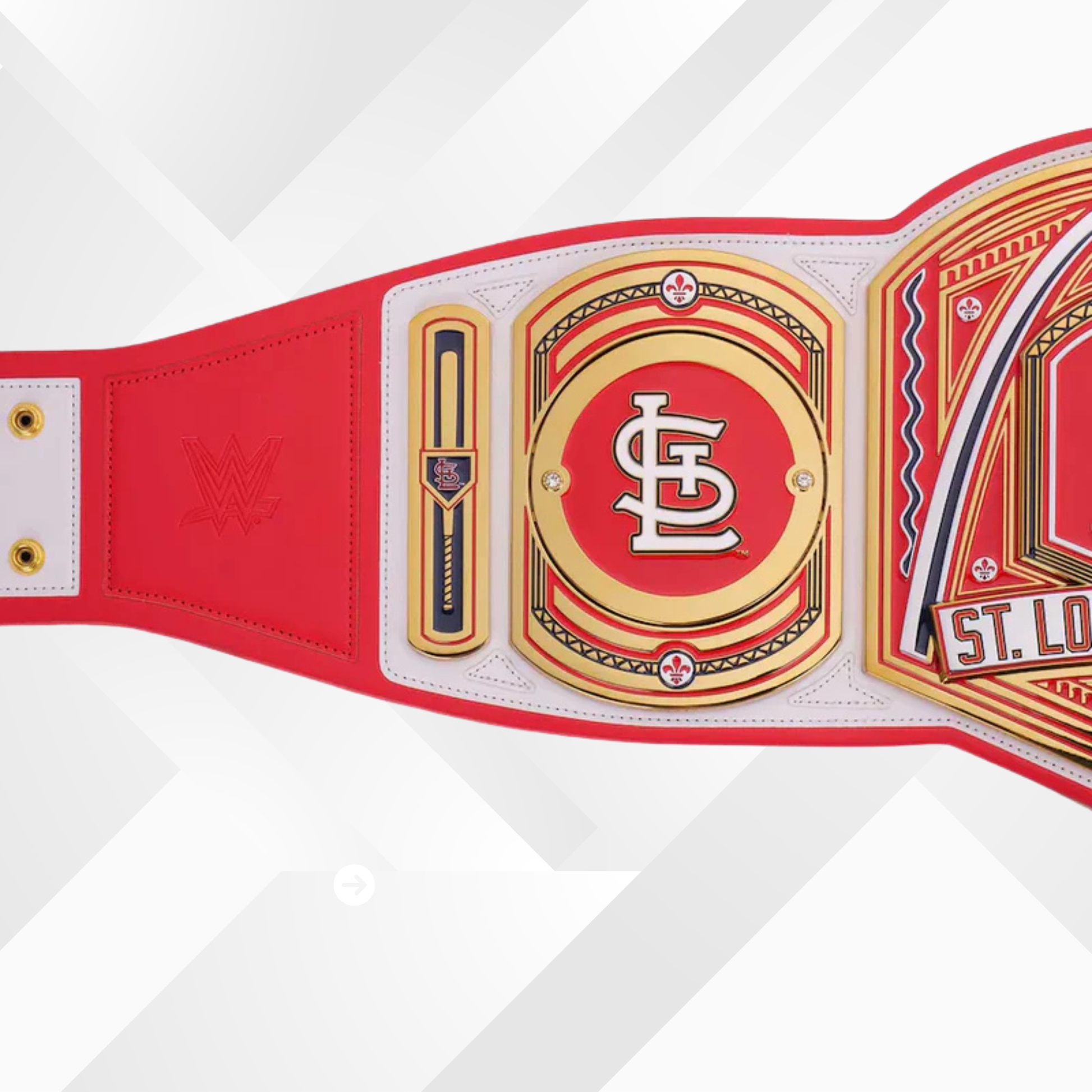 Red and gold championship belt with St. Louis logo on a white background