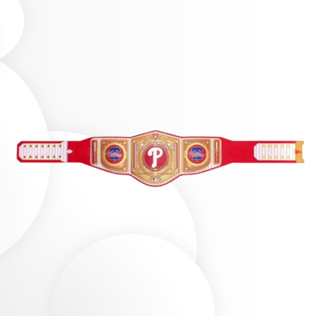 Red championship belt with a logo on a white background