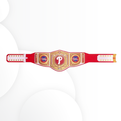 Red championship belt with a logo on a white background