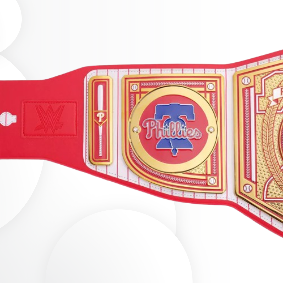 Wrestling championship belt with Phillies logo on a white background