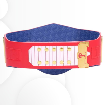 Red and blue belt with gold accents on a white background