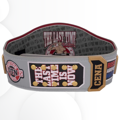Wrestling championship belt with branding and text on a white background