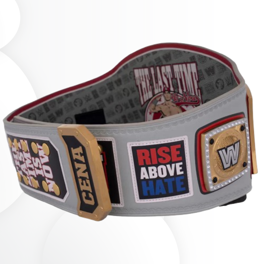 Wrestling championship belt with logos and text on a white background