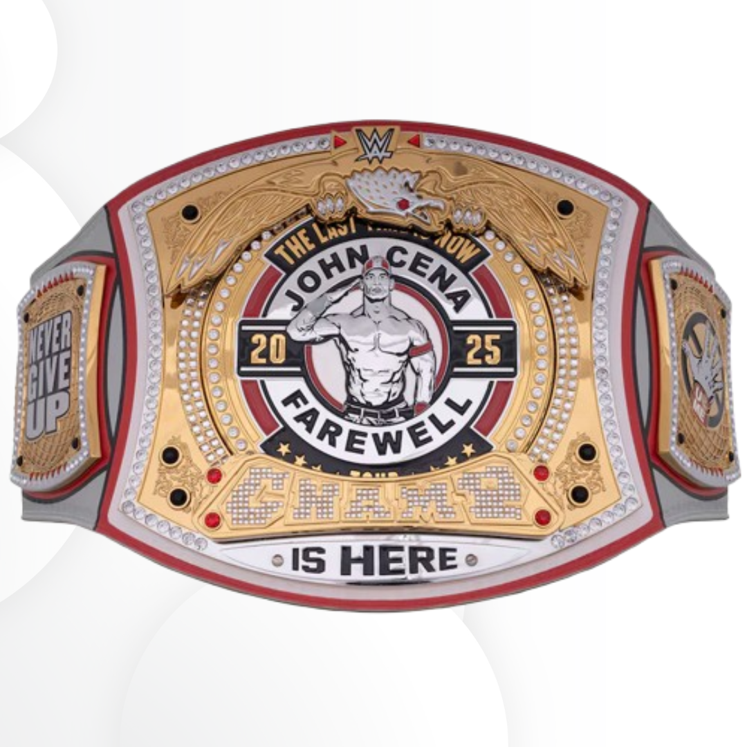 Wrestling championship belt with 'John Cena Farewell' text on a white background