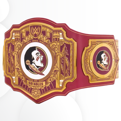 Wrestling championship belt with red and gold design on a white background