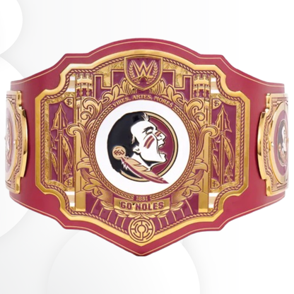 Red and gold championship belt with a logo on a white background